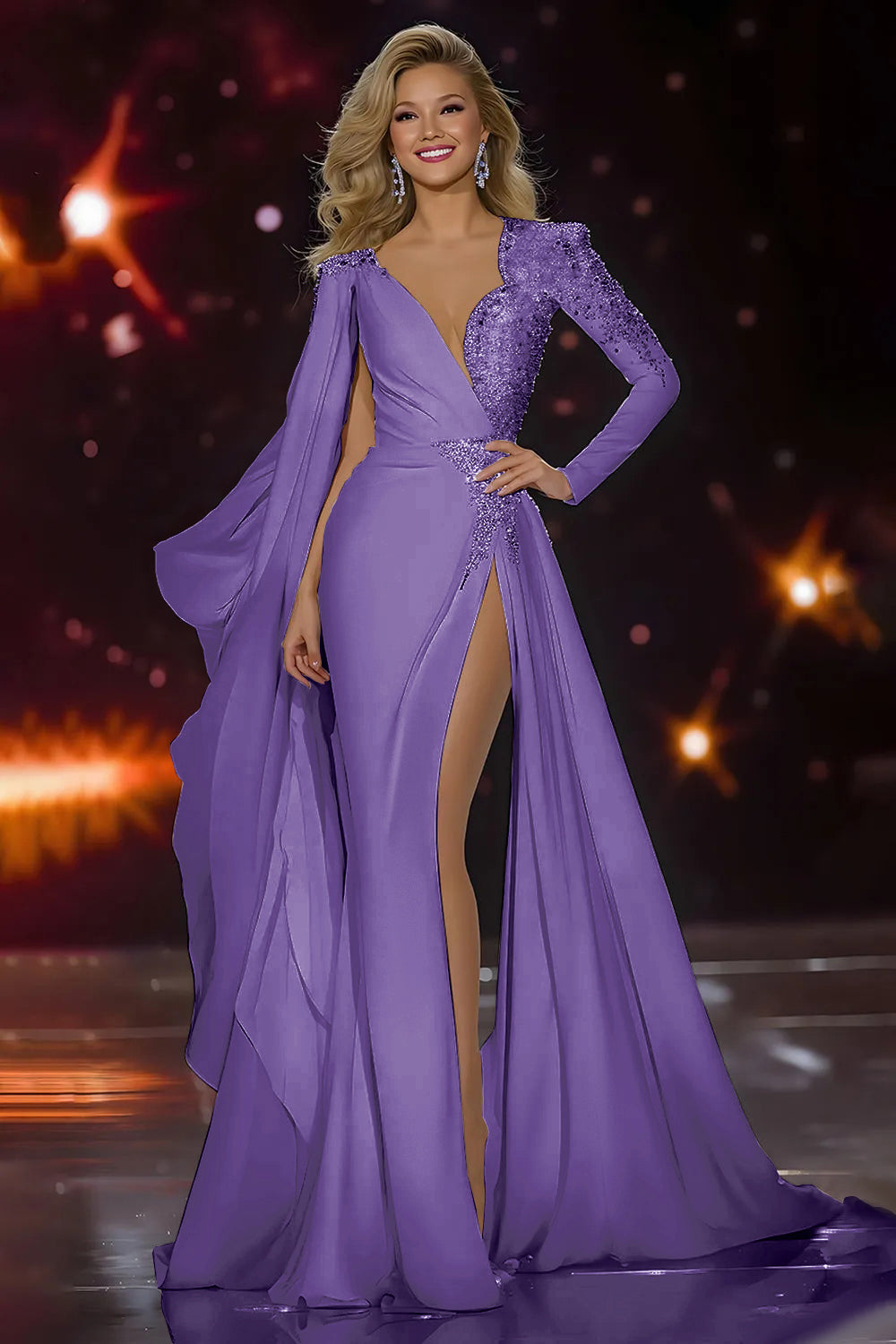 White Mermaid Long Sleeve Pageant Dress with Sash