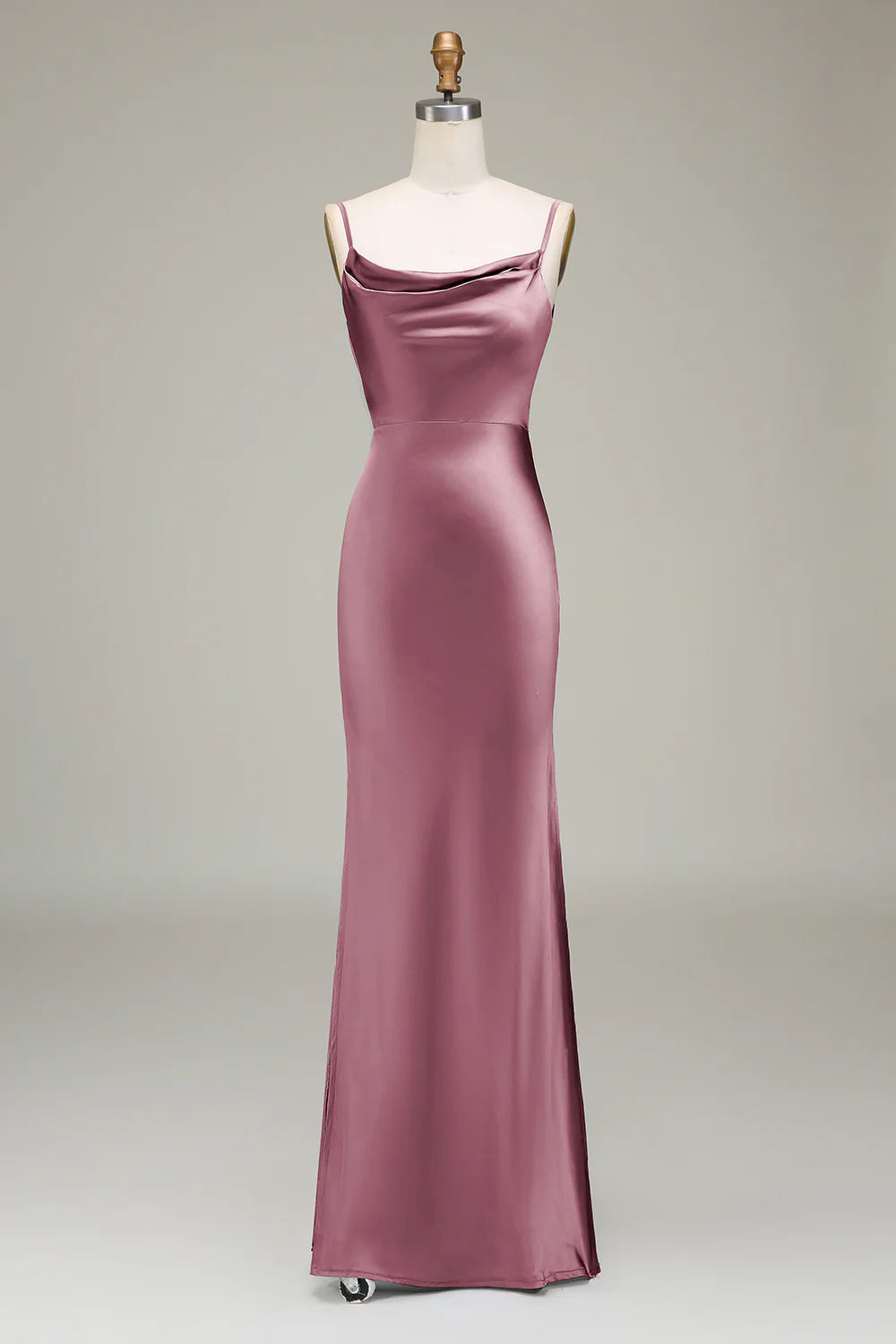 Dusty Blue Sheath Spaghetti Straps Satin Long Bridesmaid Dress