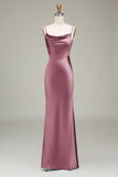 Dusty Blue Sheath Spaghetti Straps Satin Long Bridesmaid Dress
