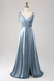 Simple Dark Green Spaghetti Straps Ruched Prom Dress with Slit