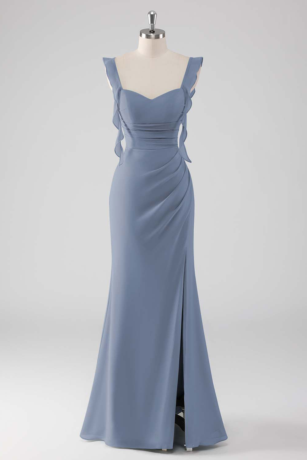 Dusty Blue Ruffled Sheath Lace-Up Back Long Bridesmaid Dress with Slit