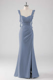 Dusty Blue Ruffled Sheath Lace-Up Back Long Bridesmaid Dress with Slit