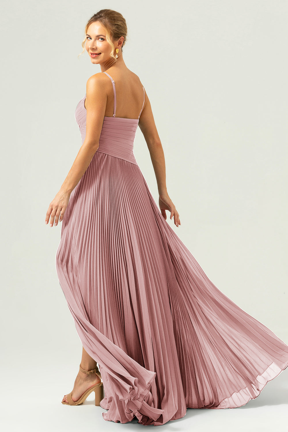 A-Line Spaghetti Straps Pleated Chiffon Eucalyptus Bridesmaid Dress with Slit