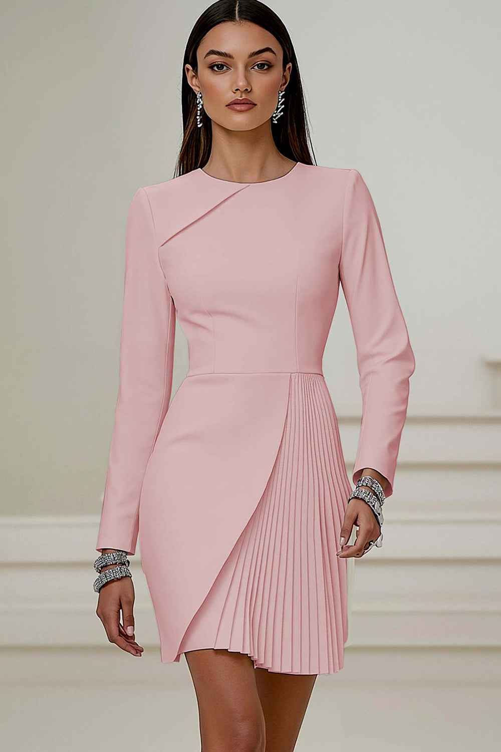 Ivory Asymmetrical Pleated Work Dress with Long Sleeves