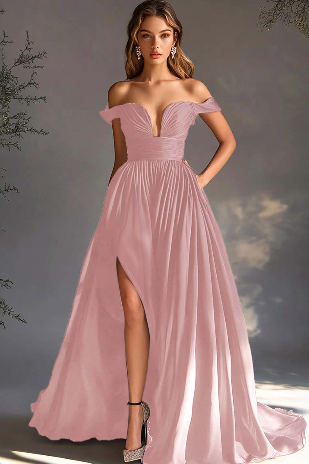 Black Off The Shoulder A Line Chiffon Prom Dress