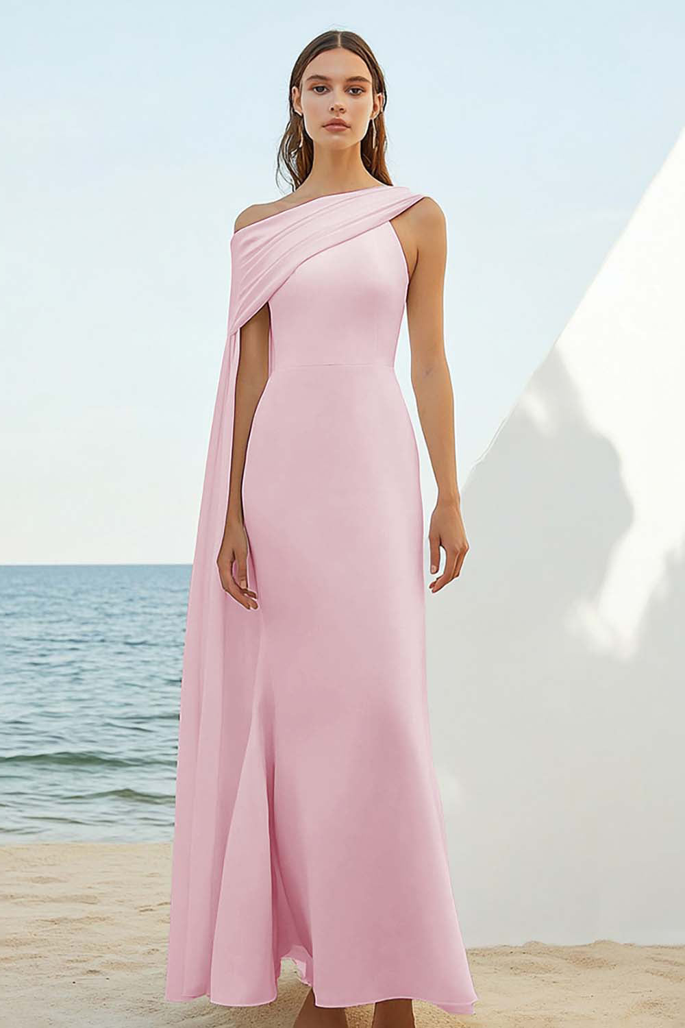 White Sheath One Shoulder Cape Long Graduation Dress