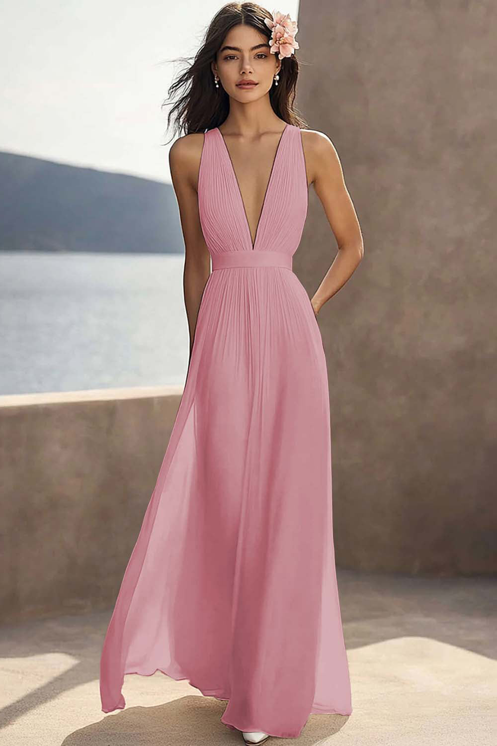 Ivory Ruched Chiffon Deep V-Neck Maxi Beach Engagement Dress