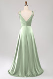 Simple Dark Green Spaghetti Straps Ruched Prom Dress with Slit
