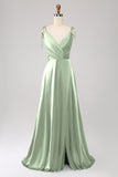 Simple Dark Green Spaghetti Straps Ruched Prom Dress with Slit