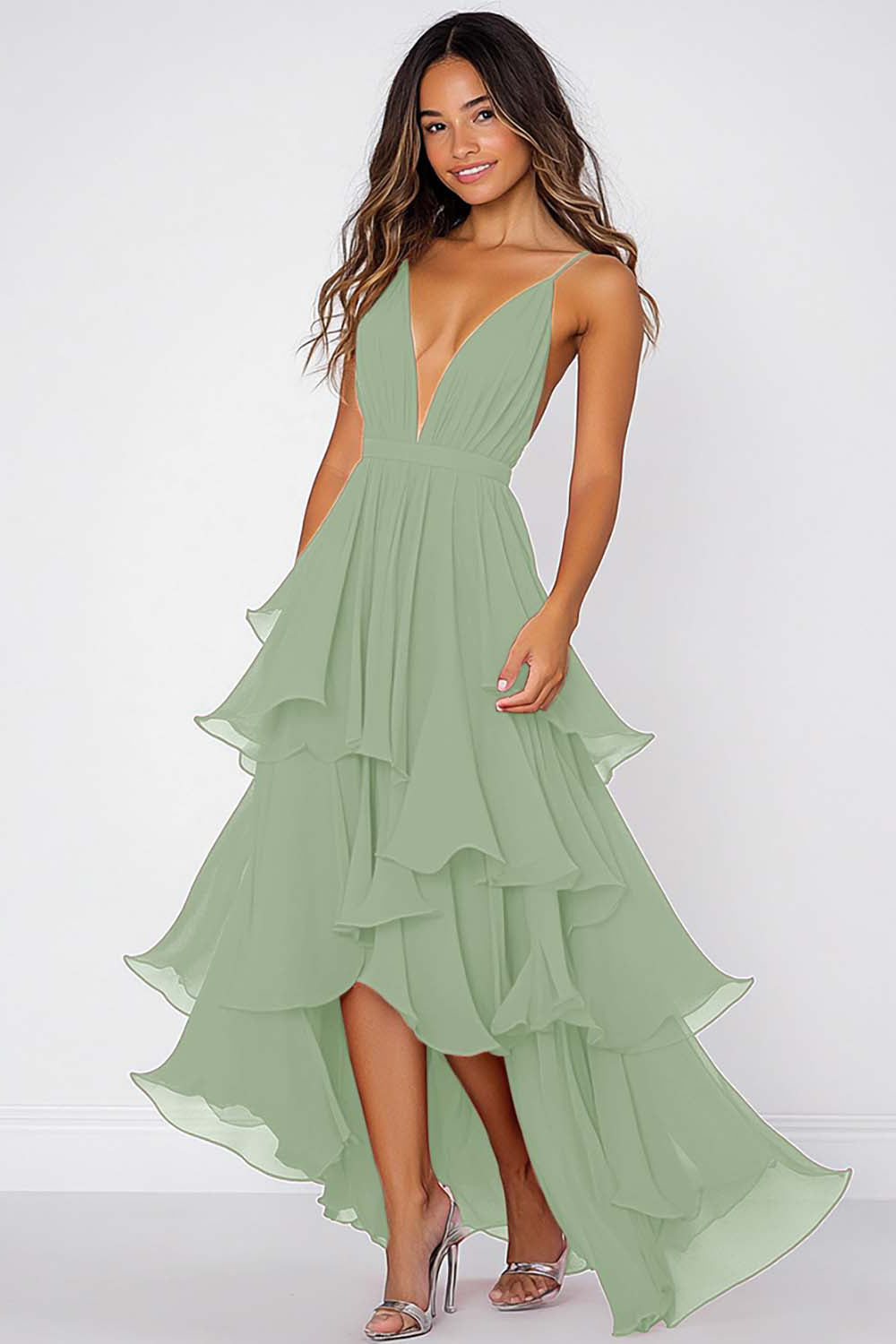 Ruffled Tiered Red Chiffon Spaghetti Straps Formal Dress