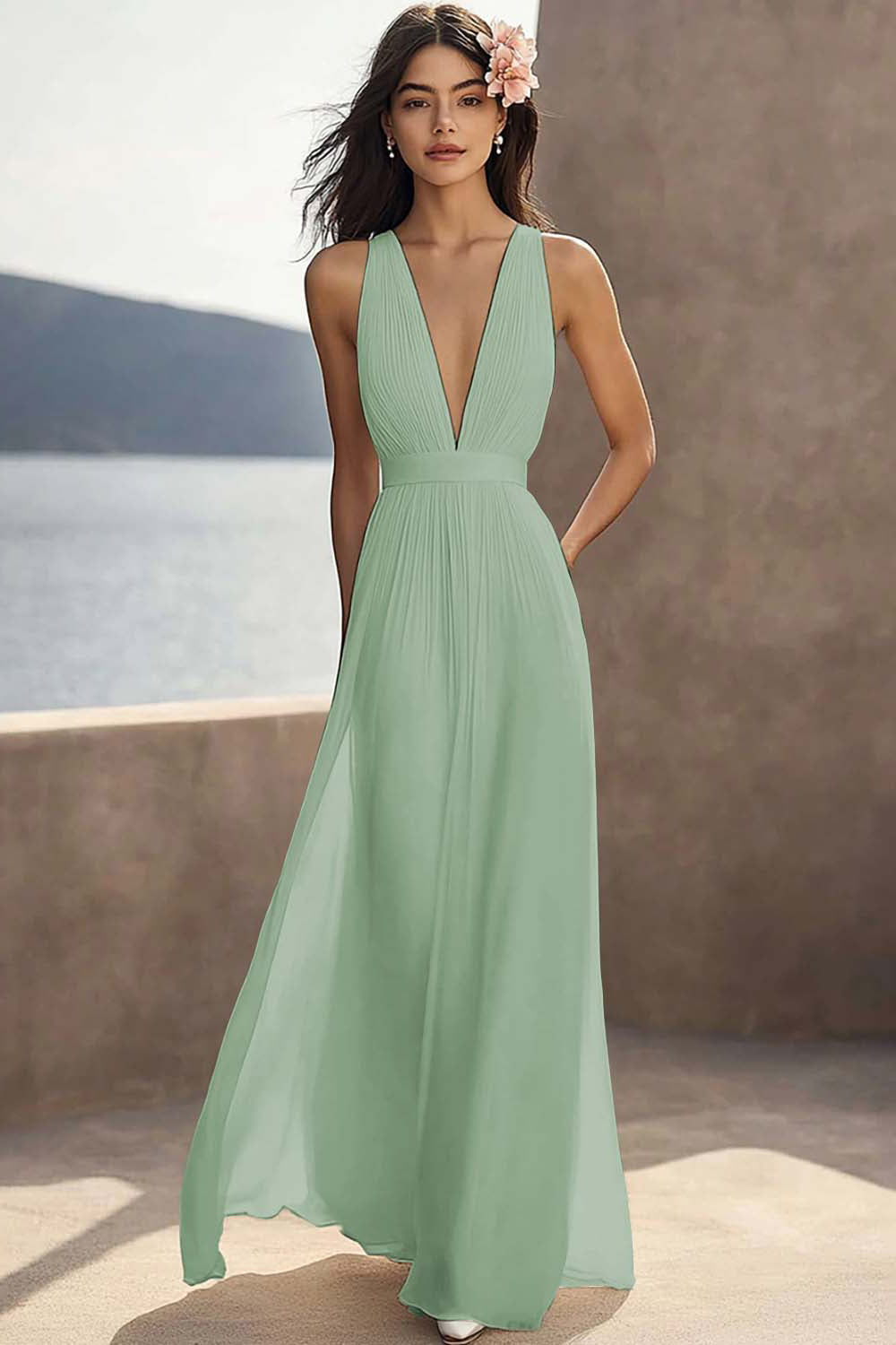 Ivory Ruched Chiffon Deep V-Neck Maxi Beach Engagement Dress