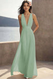 Ivory Ruched Chiffon Deep V-Neck Maxi Beach Engagement Dress