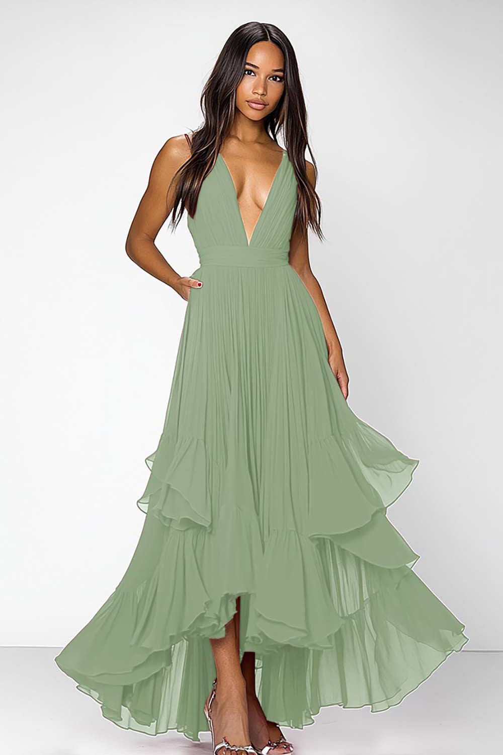 Red Deep V Neck Ruched Ruffles A Line Formal Dress