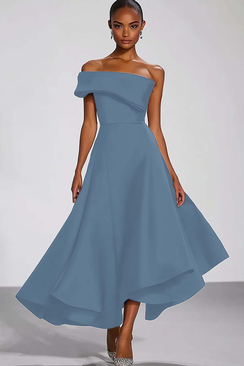 One Shoulder Navy Satin Formal Dress