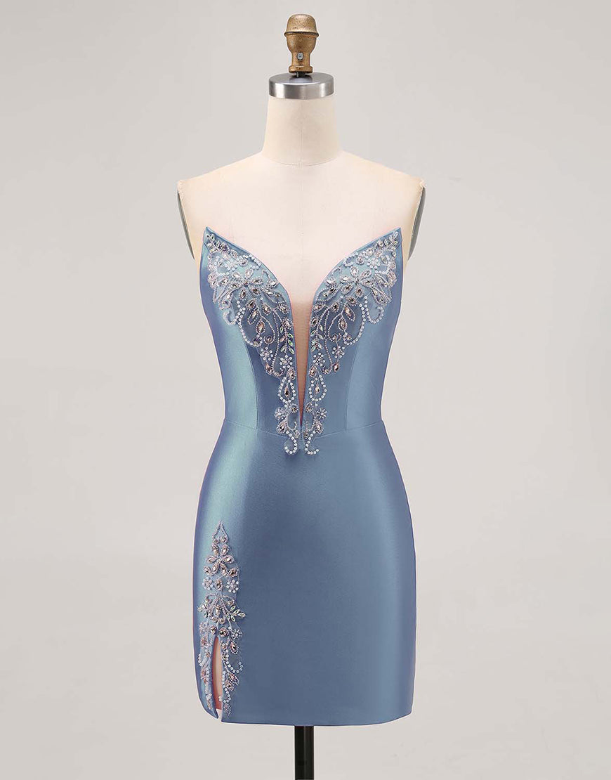 Fuchsia Strapless Beaded Bodycon Short Prom Dress with Slit