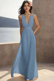 Ivory Ruched Chiffon Deep V-Neck Maxi Beach Engagement Dress