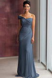 Light Khaki One Shoulder Pleated Sheath Formal Dress