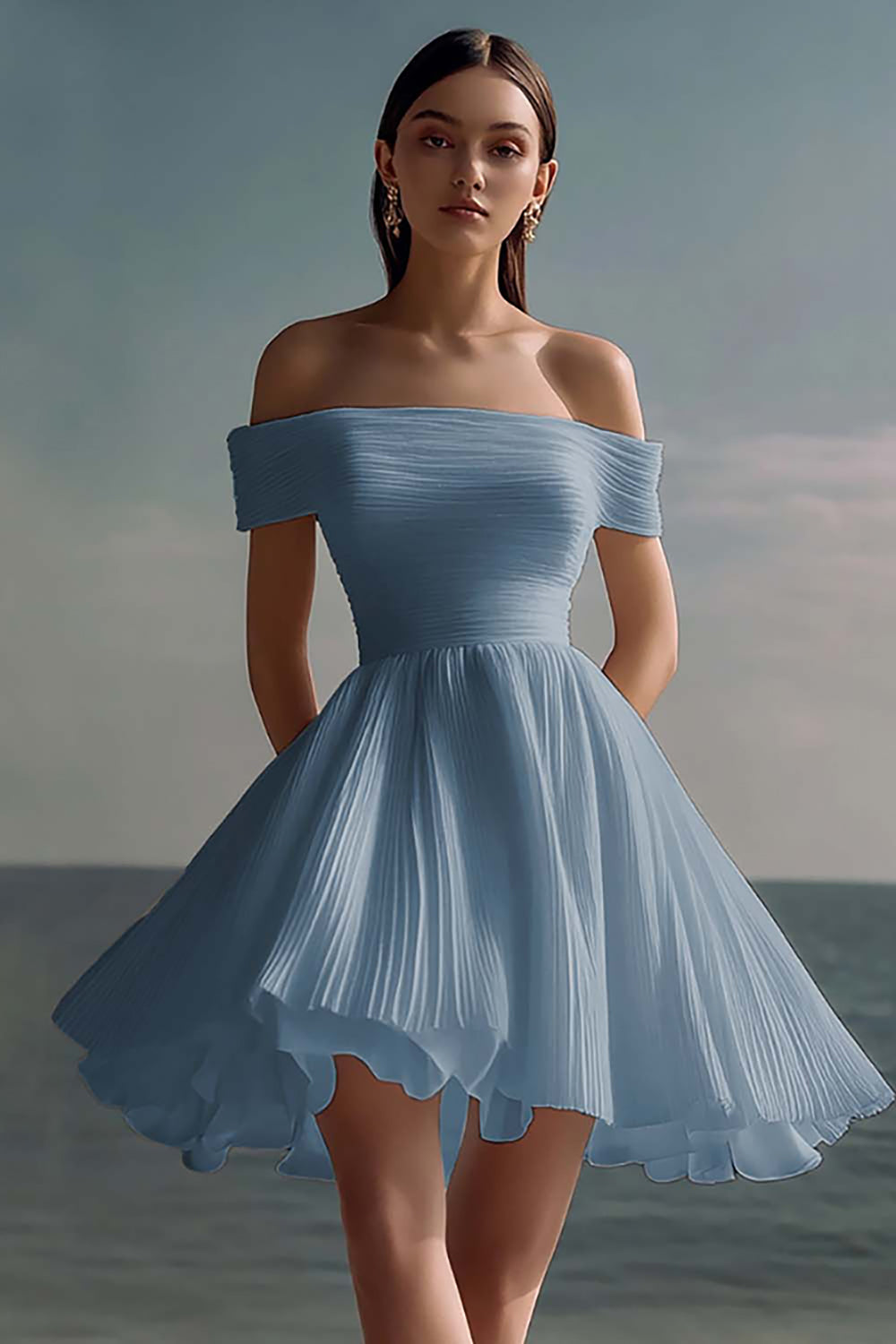 A-Line Of the Shoulder Chiffon Little White Graduation Dress