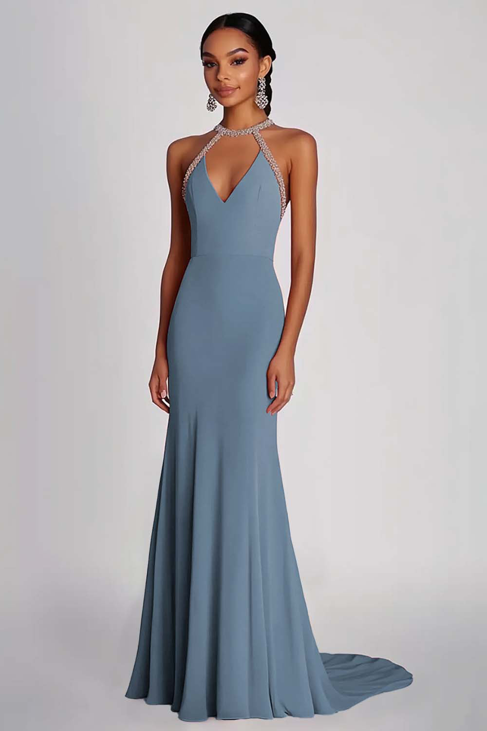 Sheath Pink Beaded Halter Long Chiffon Formal Dress