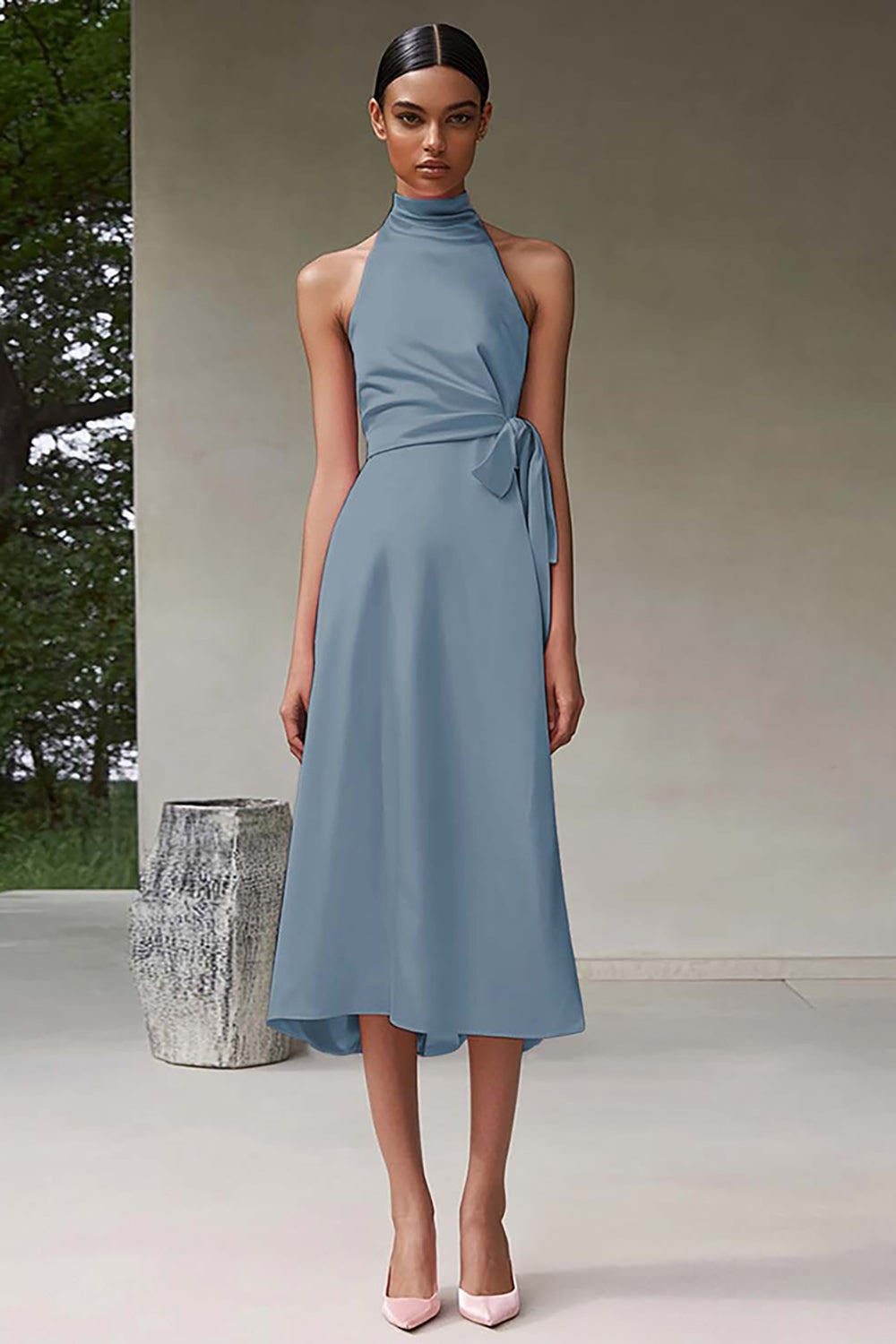 Pink A Line Halter Tea Length Satin Formal Dress