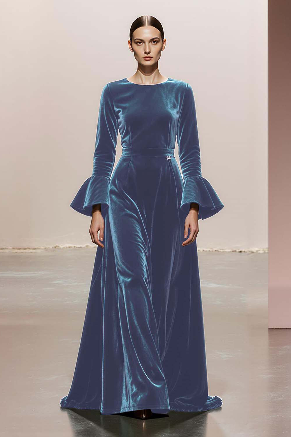 Dark Green A-Line Round Neck Long Sleeves Velvet Military Ball Dresses