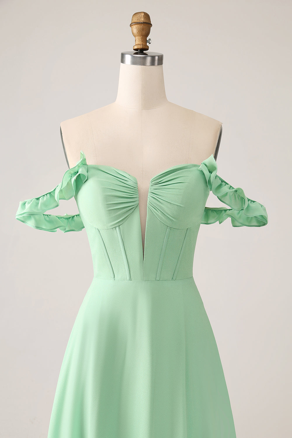 Green A Line Off The Shoulder Corset Bridesmaid Dress With Ruffles