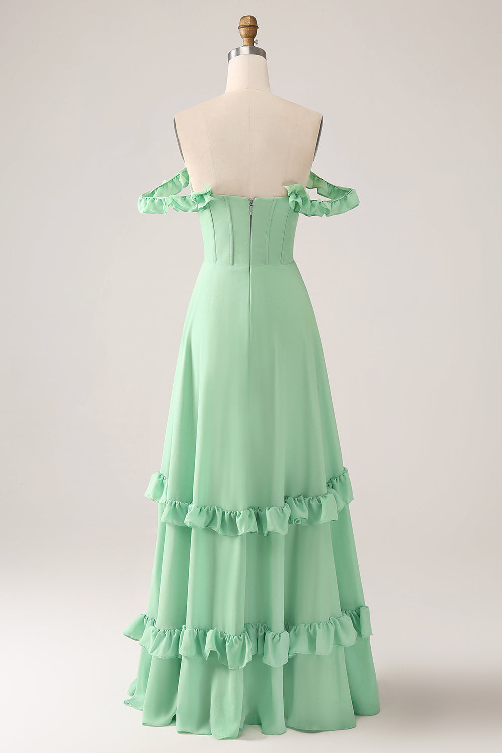 Green A Line Off The Shoulder Corset Bridesmaid Dress With Ruffles