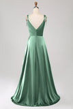 Simple Dark Green Spaghetti Straps Ruched Prom Dress with Slit