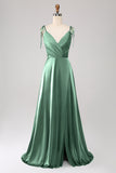 Simple Dark Green Spaghetti Straps Ruched Prom Dress with Slit