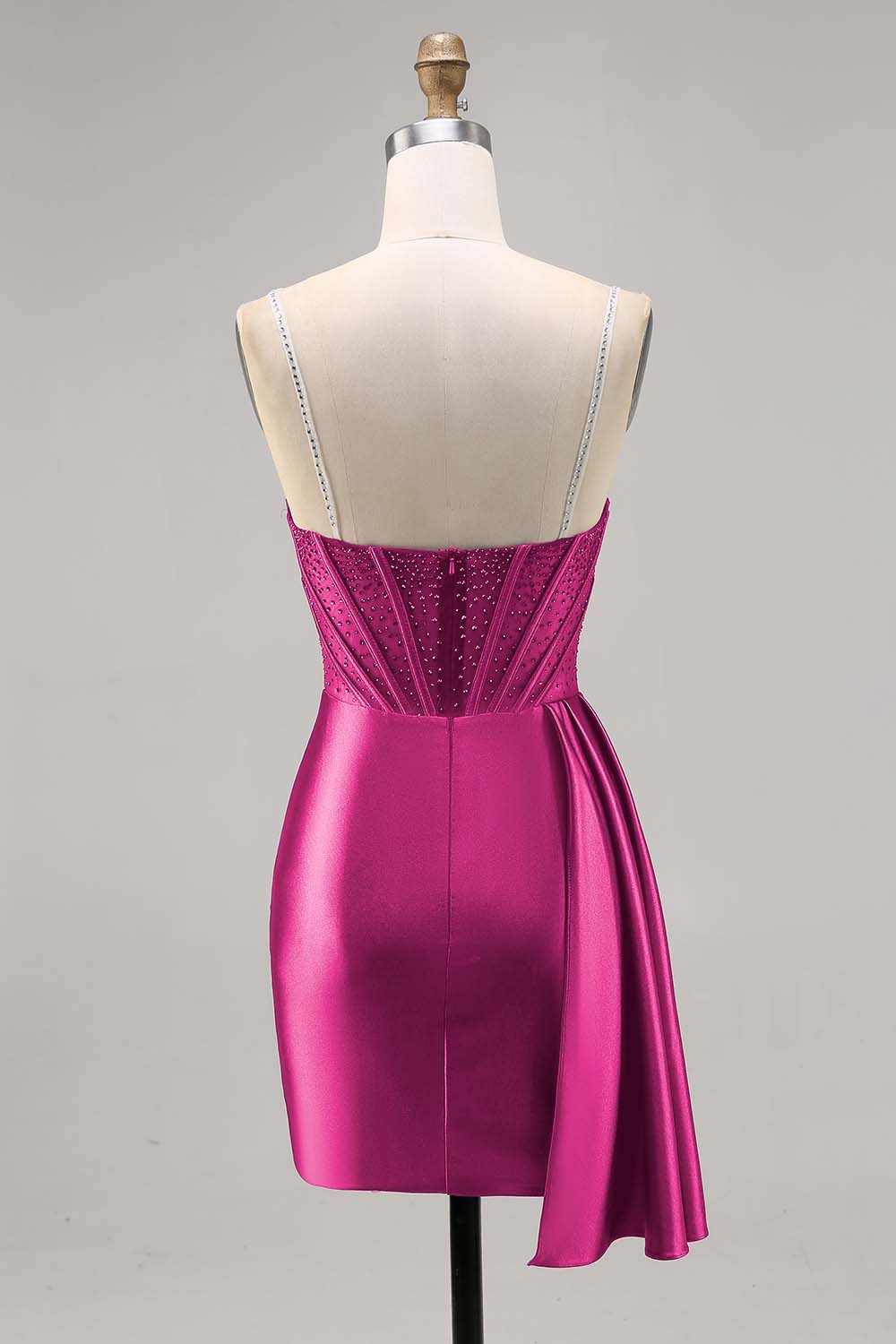 Navy Satin Beaded Corset Cocktail Dress with Sash