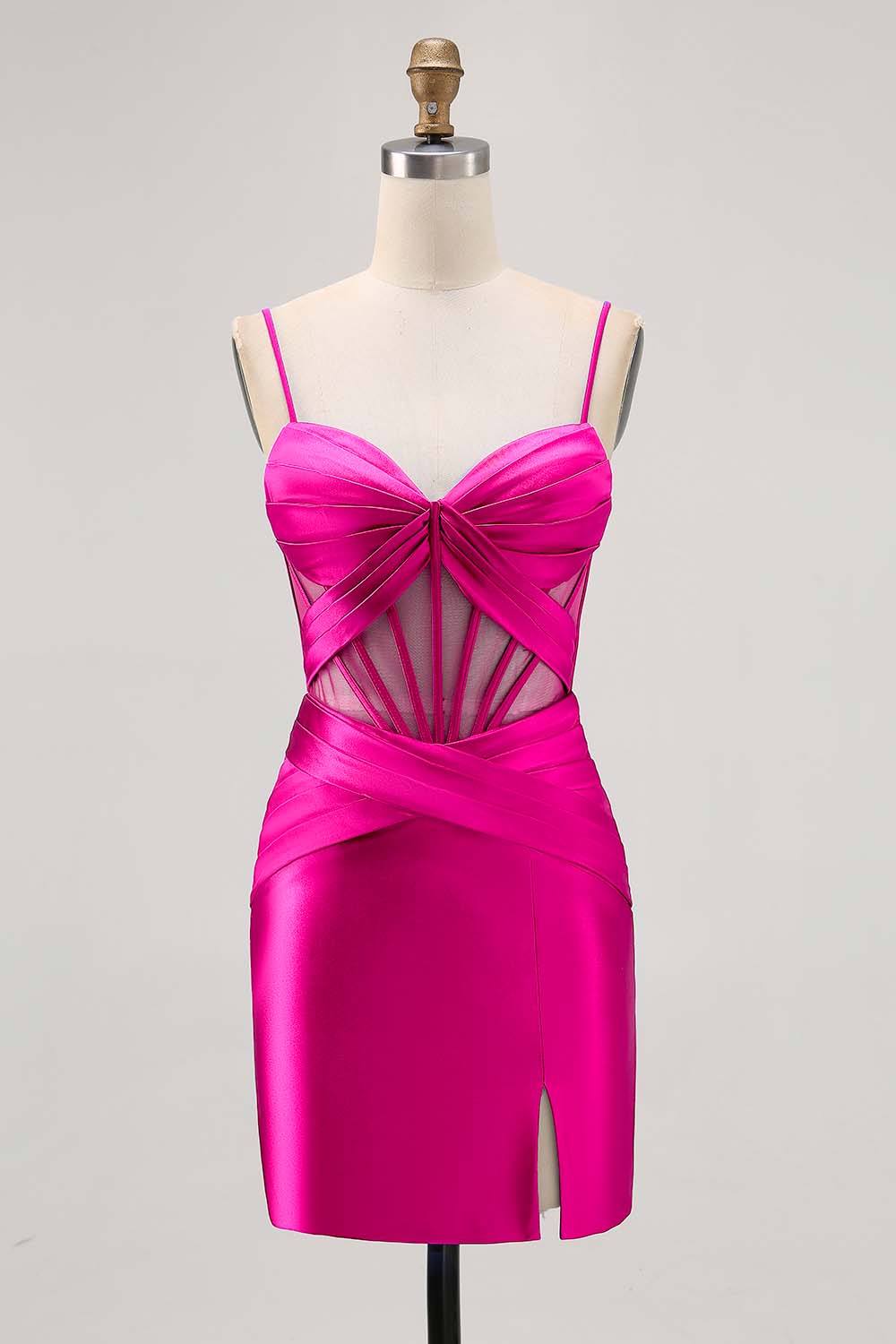 Royal Blue Sheer Corset Pleated Tight Short Prom Dress with Slit