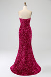 Red Strapless Sequins Long Mermaid Prom Dress With Slit