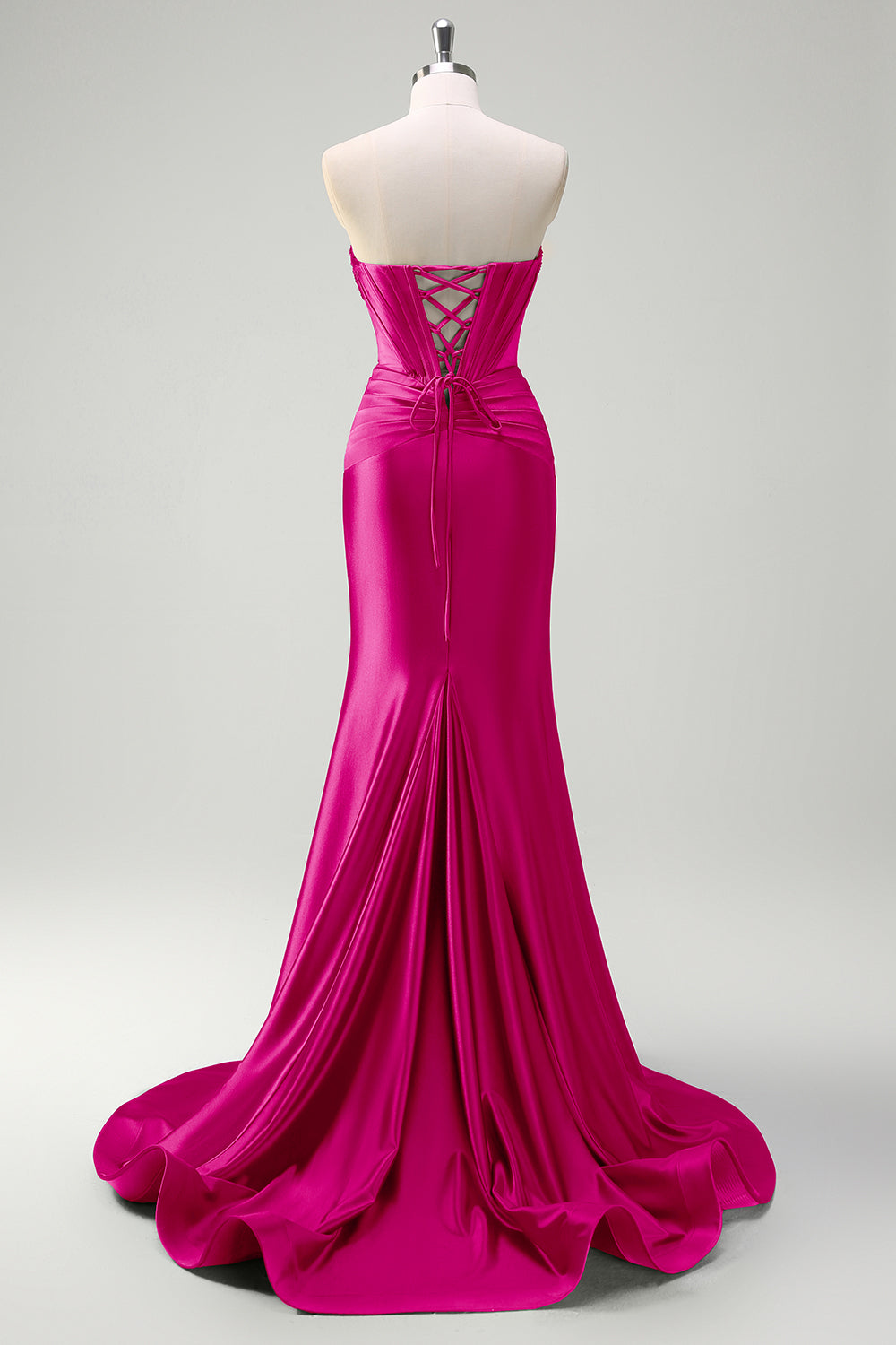Sparkly Sage Mermaid Strapless Beaded Corset Ruched Satin Prom Dress with Slit