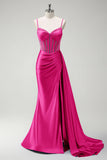 Sparkly Royal Blue Mermaid Beaded Corset Ruched Satin Long Prom Dress with Slit