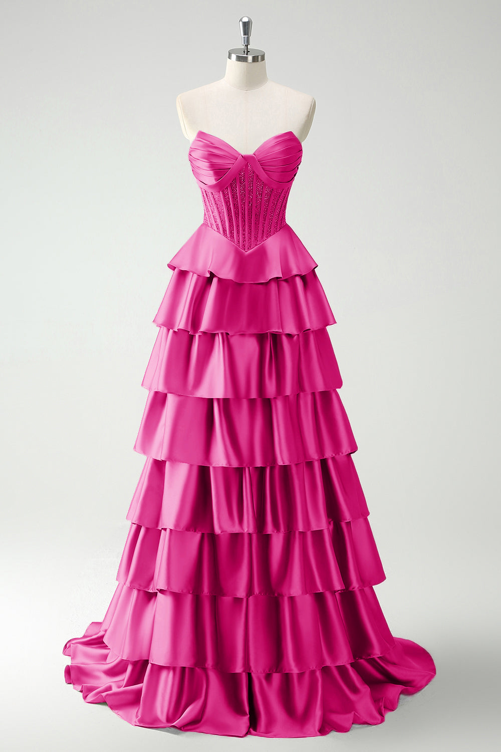 Burgundy Princess Sweetheart Beaded Tiered Corset Long Prom Dress with Slit