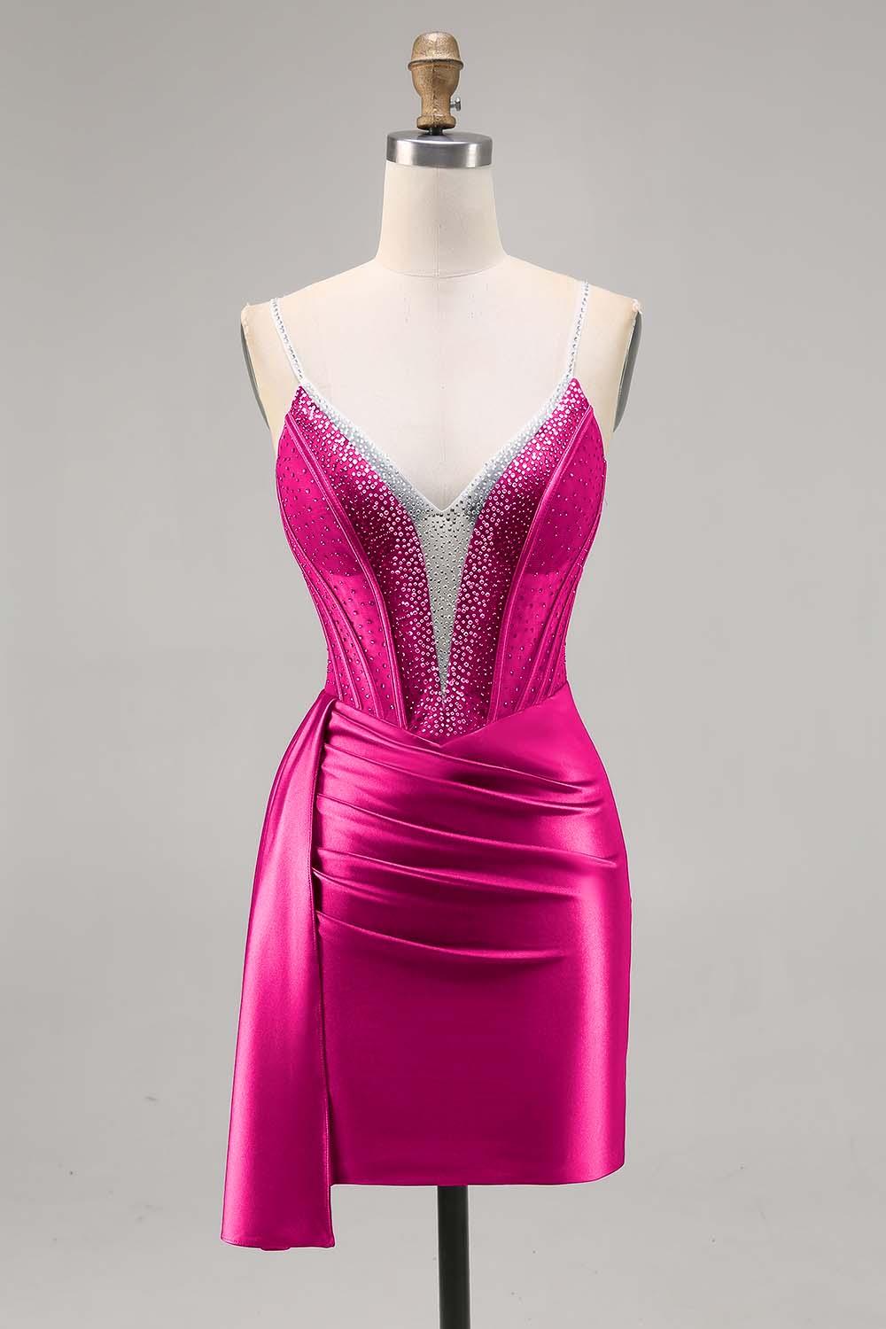 Navy Satin Beaded Corset Cocktail Dress with Sash