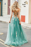 Green A-Line Spaghetti Straps Long Prom Dress With Sparkly Sequin Appliques