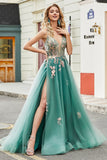 Green A-Line Spaghetti Straps Long Prom Dress With Sparkly Sequin Appliques