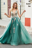 Green A-Line Spaghetti Straps Long Prom Dress With Sparkly Sequin Appliques