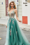 Green A-Line Spaghetti Straps Long Prom Dress With Sparkly Sequin Appliques