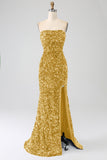 Red Strapless Sequins Long Mermaid Prom Dress With Slit