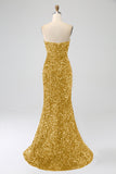 Red Strapless Sequins Long Mermaid Prom Dress With Slit