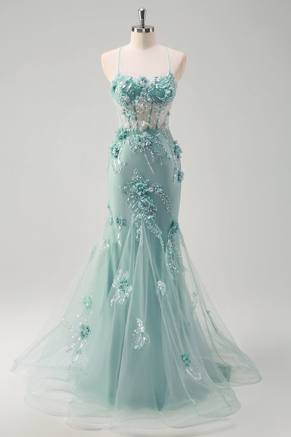 Blue Mermaid Spaghetti Straps Tulle Long Corset Prom Dress with 3D Flowers