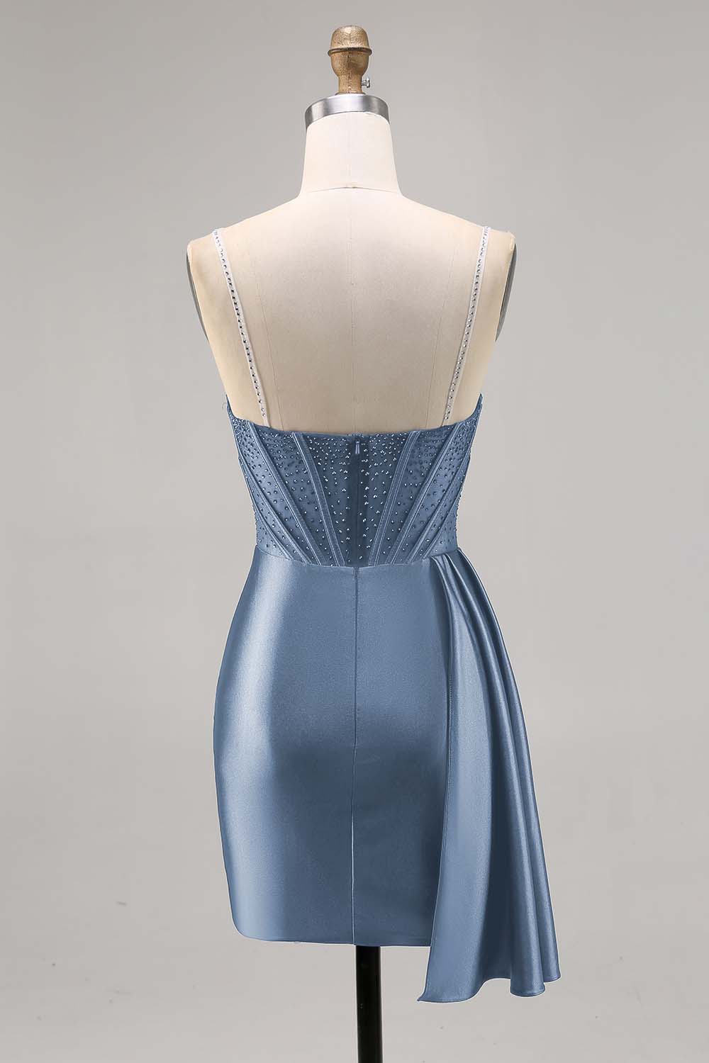 Navy Satin Beaded Corset Cocktail Dress with Sash