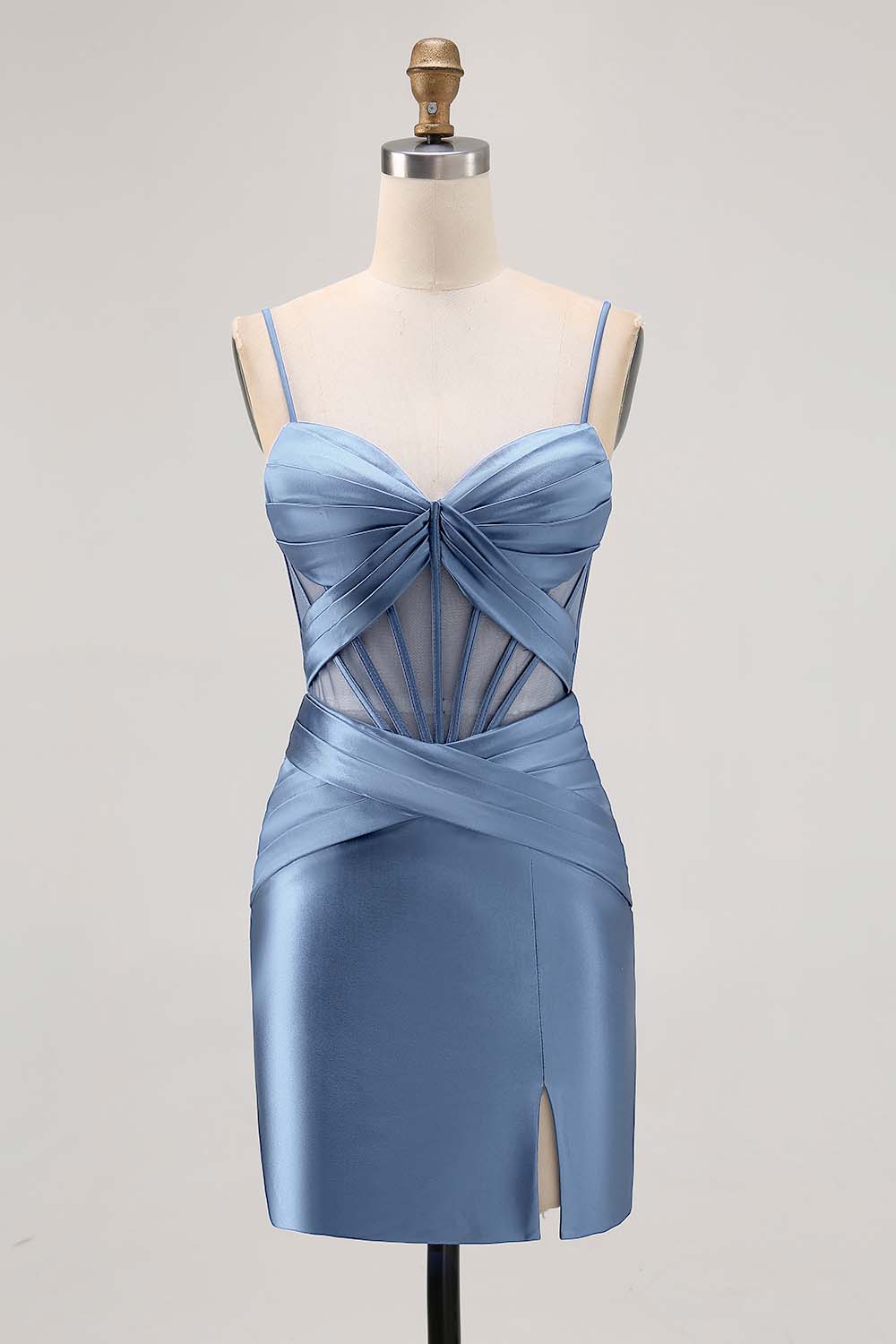 Royal Blue Sheer Corset Pleated Tight Short Prom Dress with Slit