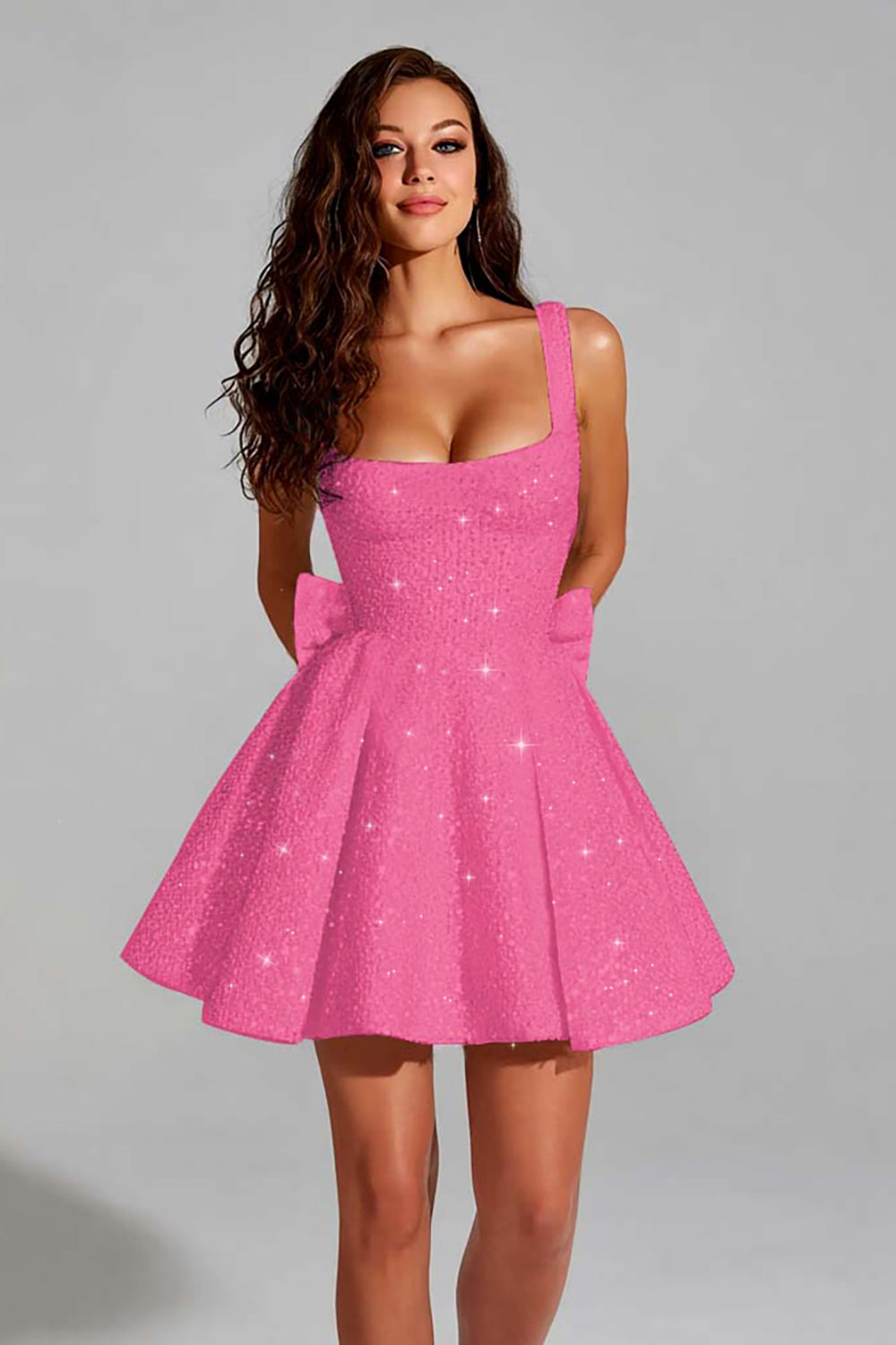 Sparkly Ivory A Line Square Neck Sequins Short Prom Dress with Back Giant Bow