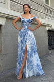 White Blue Flower Off the Shoulder A-Line Bridesmaid Dress with Slit