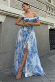 White Blue Flower Off the Shoulder A-Line Bridesmaid Dress with Slit