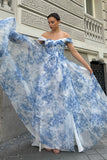 White Blue Flower Off the Shoulder A-Line Bridesmaid Dress with Slit