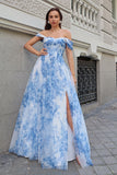 White Blue Flower Off the Shoulder A-Line Bridesmaid Dress with Slit